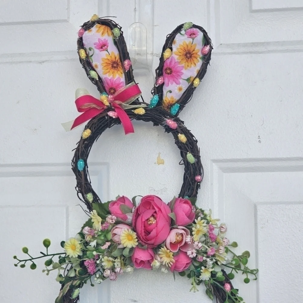 Handmade floral bunny Spring/Easter Wreath with Different shades of pink florals